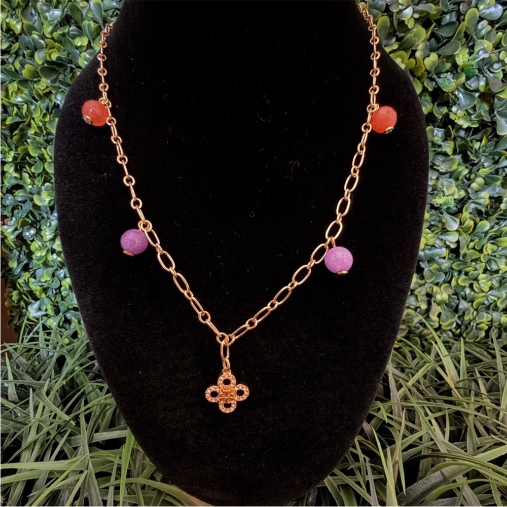 Tory Burch Gold-Tone Chain Necklace with Purple and Orange Beads